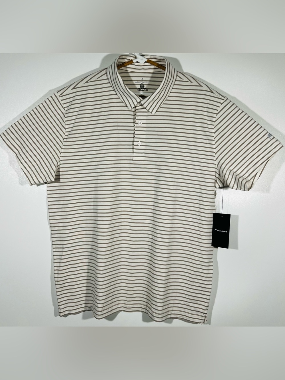 Fabletics Men XL Polo Shirt Short Sleeve Cream Striped Cotton Blend NWT New